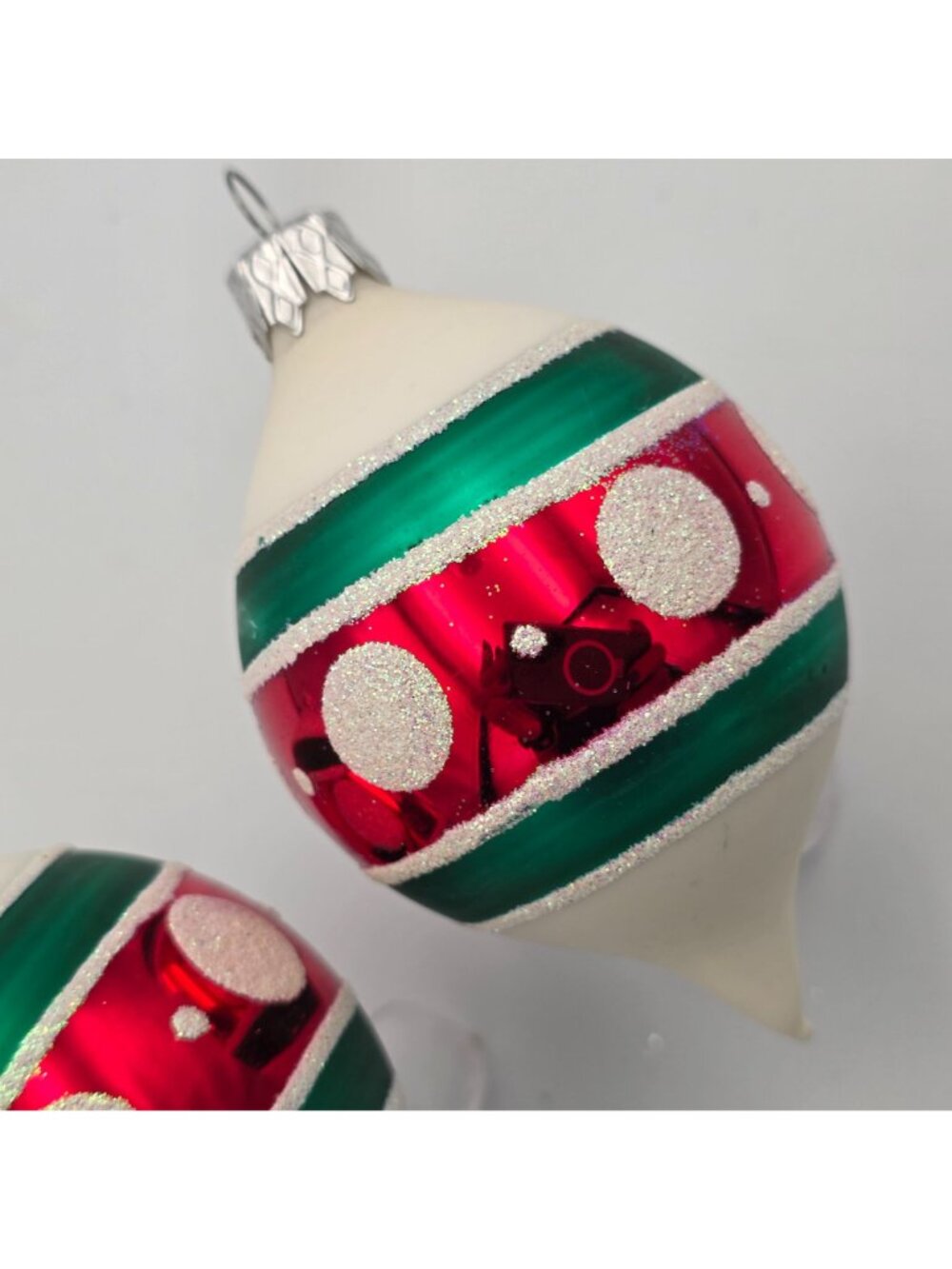 Vintage Glass Christmas Ornaments Red & Green With Glitter Polka Dots Teardrop - Picture 3 of 8